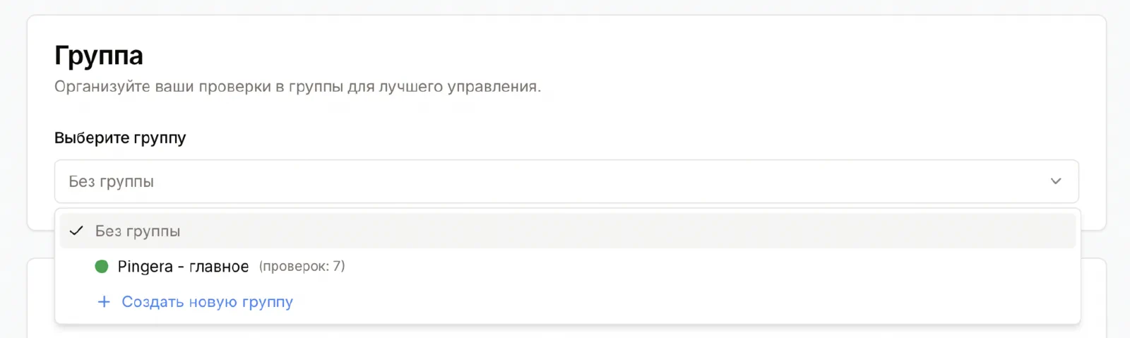 Управление группами проверок в Pingera - экран проверки
