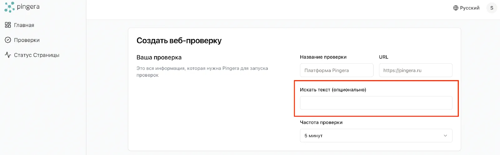 Pingera поиск по тексту в проверке