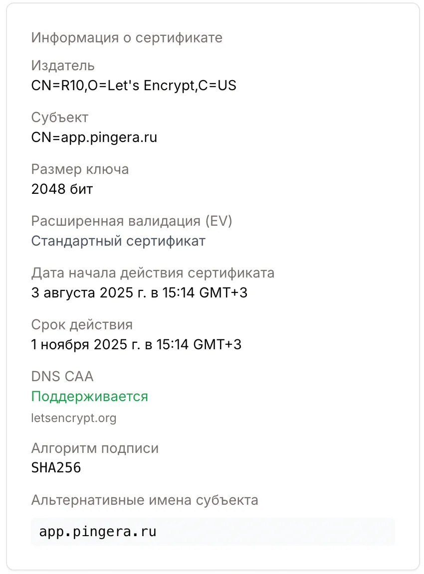 Результат сканирования SSL - детали сертификата с CAA проверкой